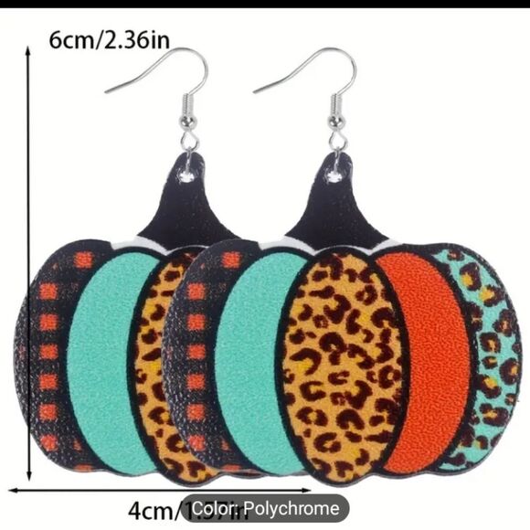 Pumpkin earrings thanksgiving leopard teardrop faux leather new e62 - Picture 3 of 3
